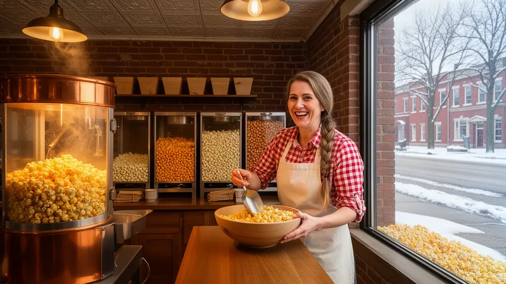 A smiling shop owner scoops fresh kettle corn beside a glowing copper popcorn kettle, bins of popcorn and a snowy street behind her.